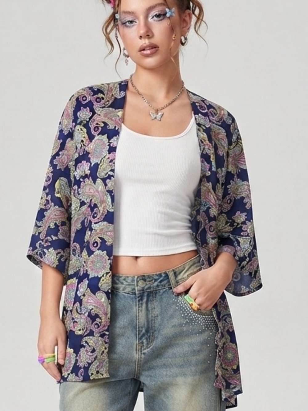 Boho Paisley Floral Print Kimono y2k Satin Cardigan Open-Front Lightweight Layer